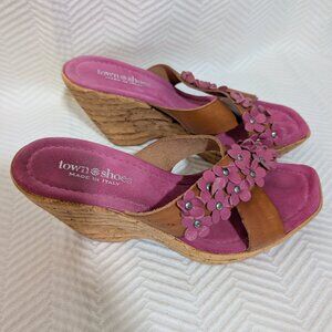 Town Shoes Brown Leather Pink Suede Floral Petal Wedge Slip On Sandals 38 / 7.5